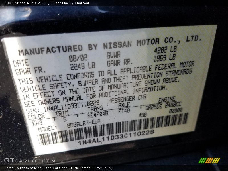 Super Black / Charcoal 2003 Nissan Altima 2.5 SL