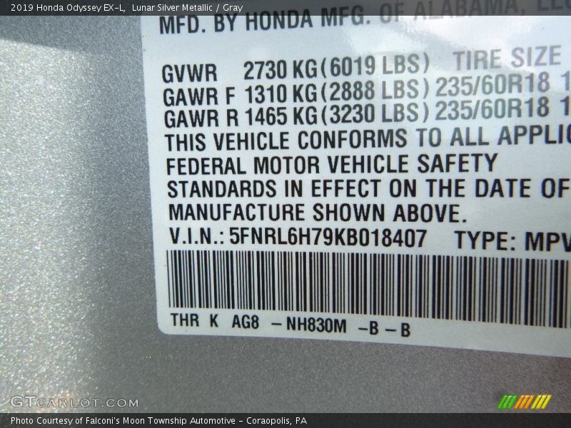 Lunar Silver Metallic / Gray 2019 Honda Odyssey EX-L