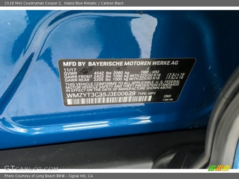 Island Blue Metallic / Carbon Black 2018 Mini Countryman Cooper S