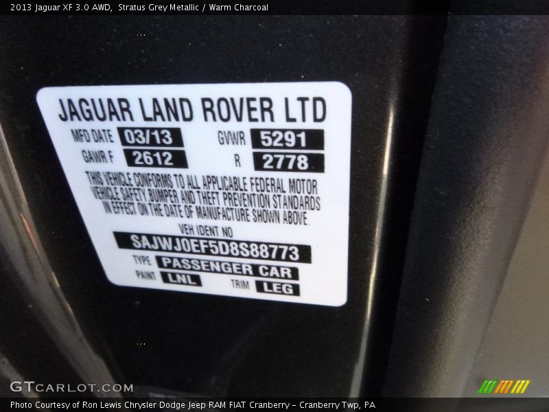 Stratus Grey Metallic / Warm Charcoal 2013 Jaguar XF 3.0 AWD