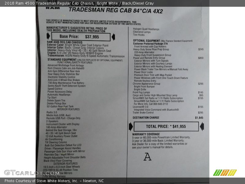  2018 4500 Tradesman Regular Cab Chassis Window Sticker