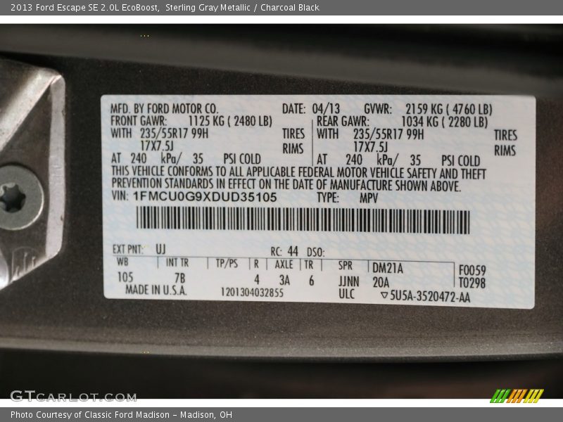 Sterling Gray Metallic / Charcoal Black 2013 Ford Escape SE 2.0L EcoBoost