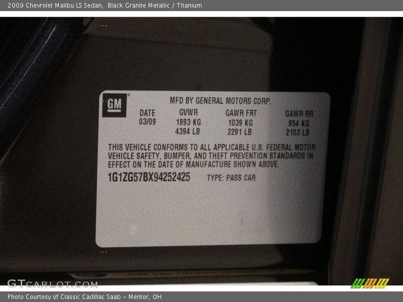 Black Granite Metallic / Titanium 2009 Chevrolet Malibu LS Sedan
