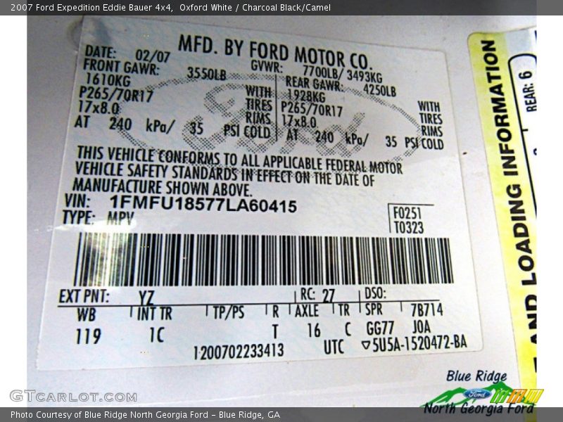 Oxford White / Charcoal Black/Camel 2007 Ford Expedition Eddie Bauer 4x4
