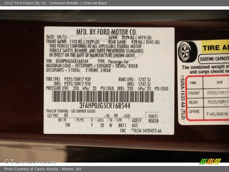 Cinnamon Metallic / Charcoal Black 2012 Ford Fusion SEL V6