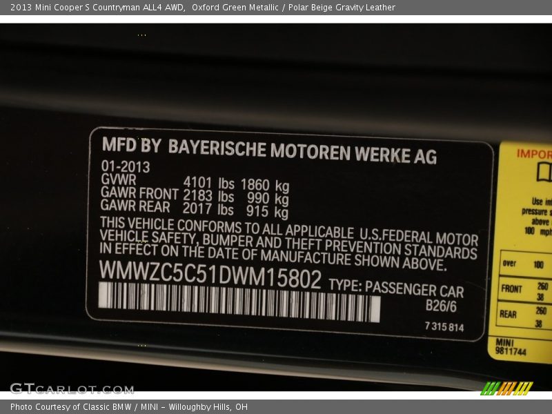 Oxford Green Metallic / Polar Beige Gravity Leather 2013 Mini Cooper S Countryman ALL4 AWD