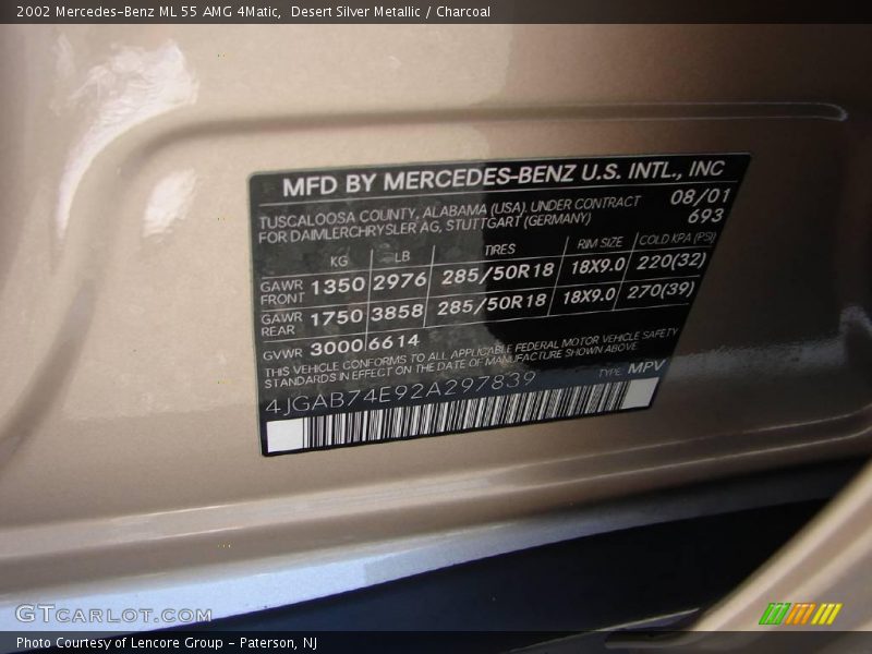 Desert Silver Metallic / Charcoal 2002 Mercedes-Benz ML 55 AMG 4Matic