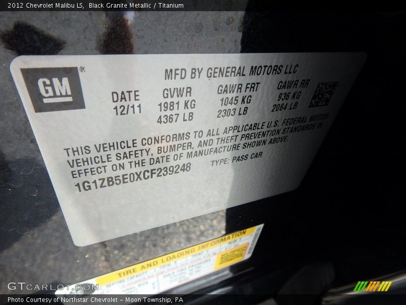 Black Granite Metallic / Titanium 2012 Chevrolet Malibu LS