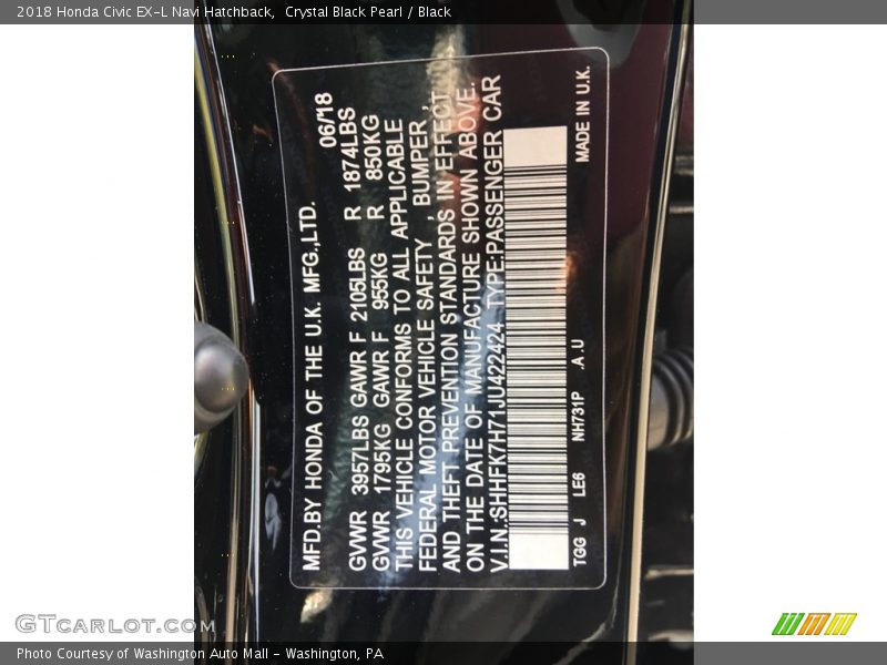 Crystal Black Pearl / Black 2018 Honda Civic EX-L Navi Hatchback