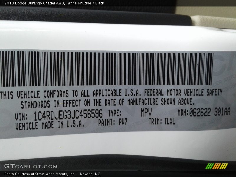 2018 Durango Citadel AWD White Knuckle Color Code PW7