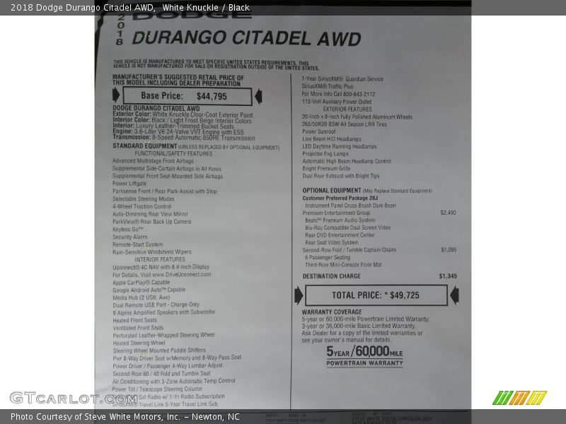  2018 Durango Citadel AWD Window Sticker