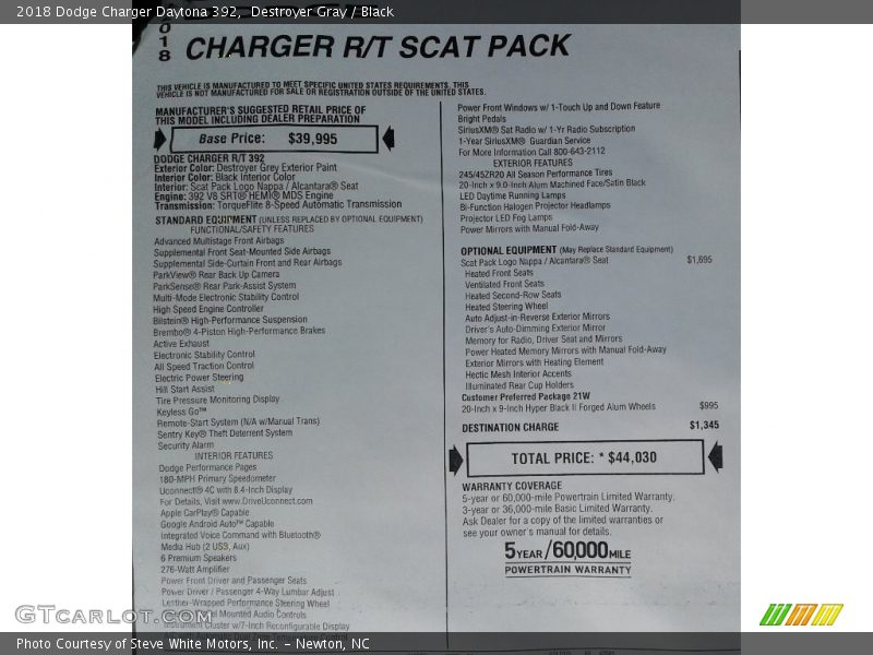 Destroyer Gray / Black 2018 Dodge Charger Daytona 392
