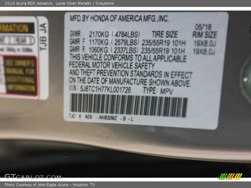 2019 RDX Advance Lunar Silver Metallic Color Code NH830MZ
