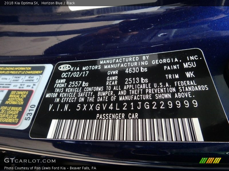 2018 Optima SX Horizon Blue Color Code M5U