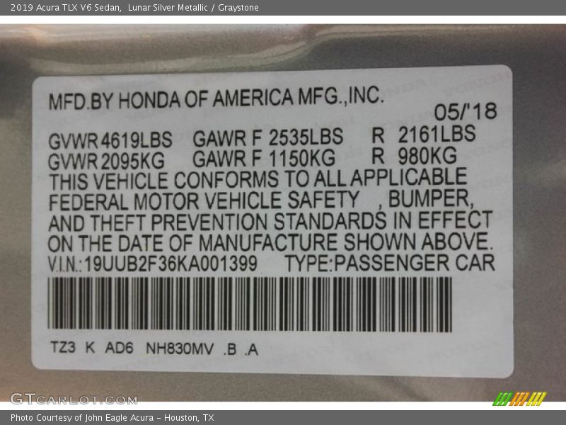 Lunar Silver Metallic / Graystone 2019 Acura TLX V6 Sedan