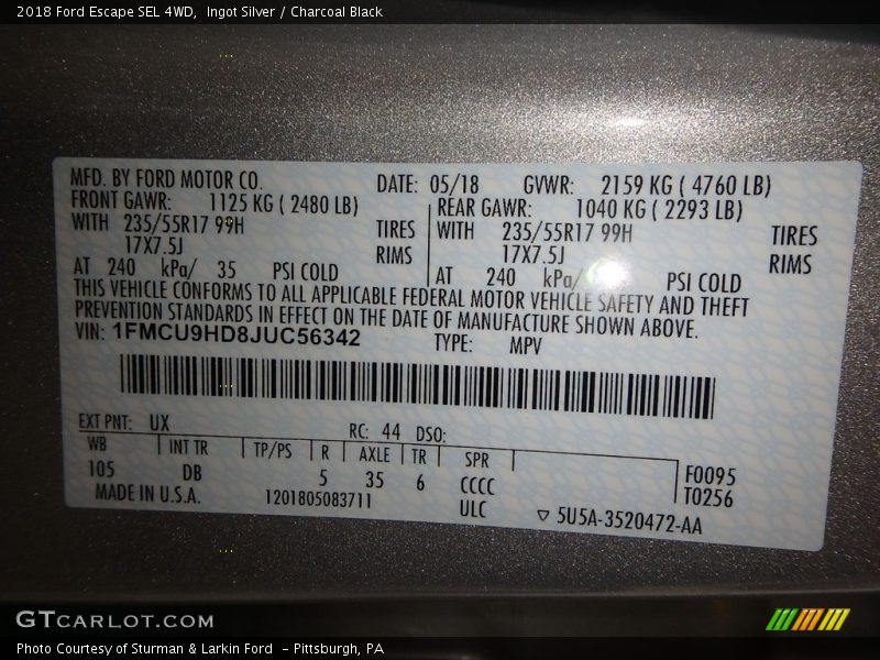 Ingot Silver / Charcoal Black 2018 Ford Escape SEL 4WD