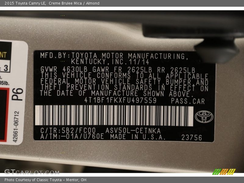 2015 Camry LE Creme Brulee Mica Color Code 5B2