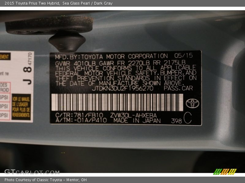 Sea Glass Pearl / Dark Gray 2015 Toyota Prius Two Hybrid