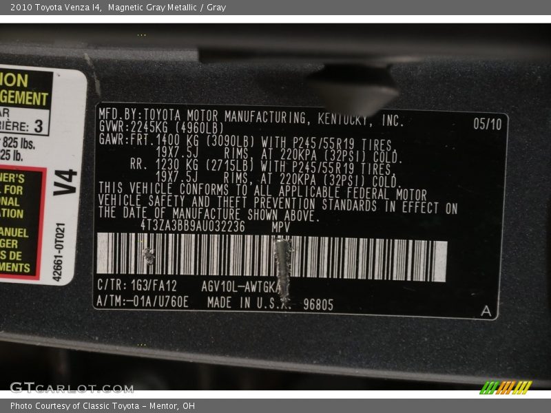 Magnetic Gray Metallic / Gray 2010 Toyota Venza I4