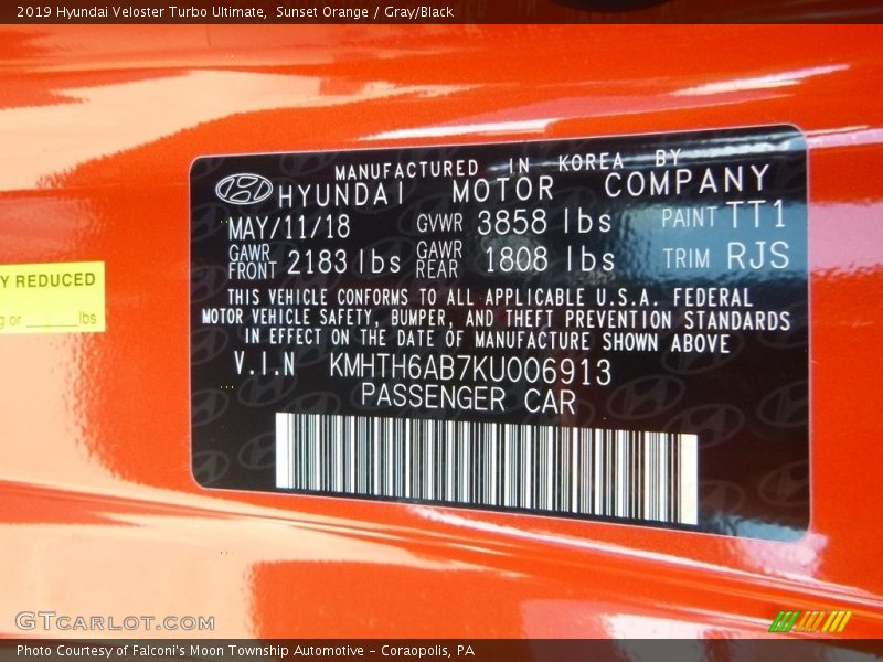 2019 Veloster Turbo Ultimate Sunset Orange Color Code TT1