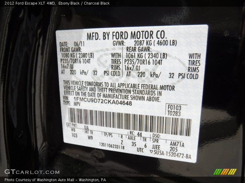 Ebony Black / Charcoal Black 2012 Ford Escape XLT 4WD