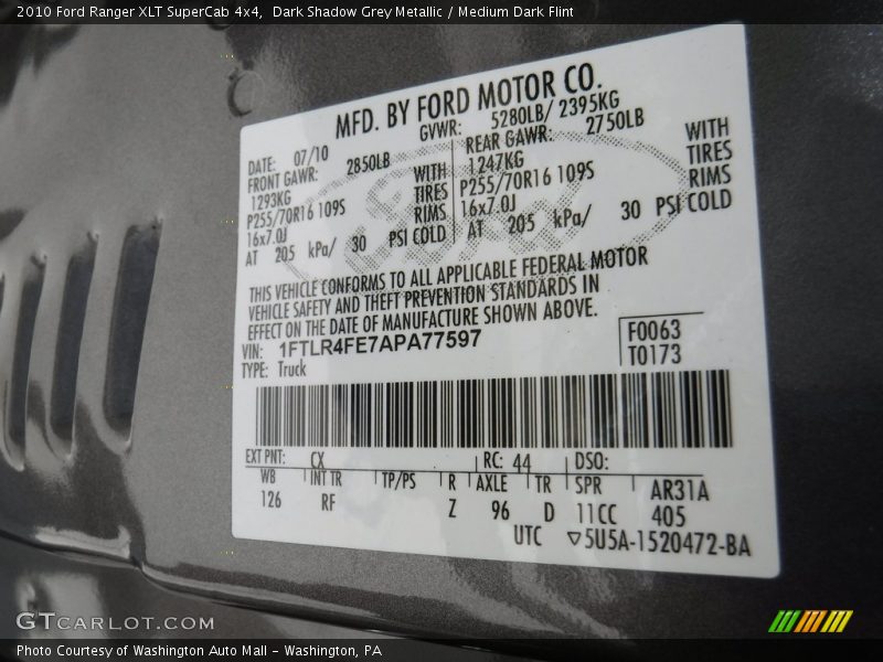 Dark Shadow Grey Metallic / Medium Dark Flint 2010 Ford Ranger XLT SuperCab 4x4