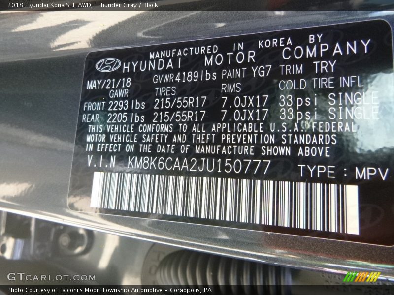 Thunder Gray / Black 2018 Hyundai Kona SEL AWD