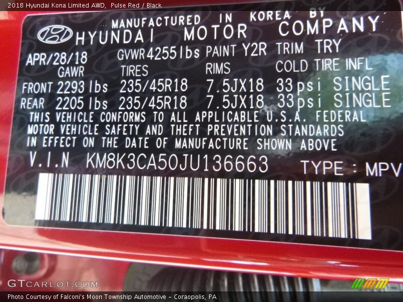 Pulse Red / Black 2018 Hyundai Kona Limited AWD