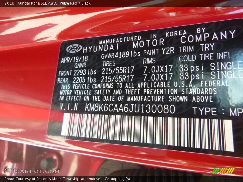 Pulse Red / Black 2018 Hyundai Kona SEL AWD