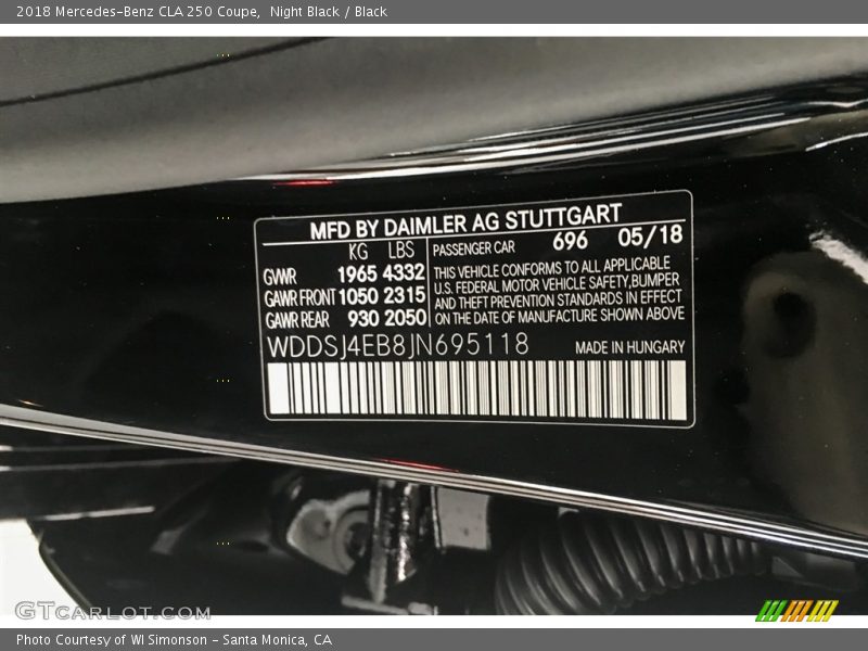 Night Black / Black 2018 Mercedes-Benz CLA 250 Coupe