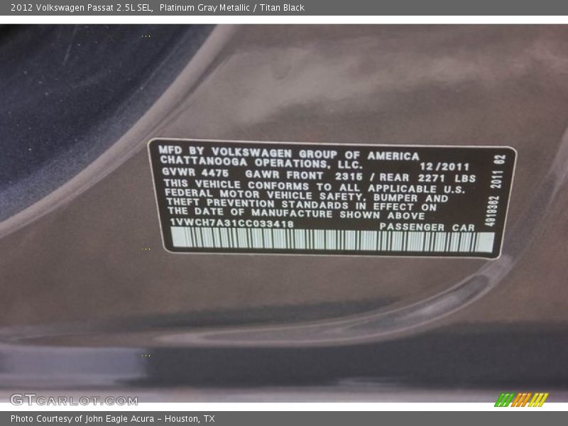 Platinum Gray Metallic / Titan Black 2012 Volkswagen Passat 2.5L SEL