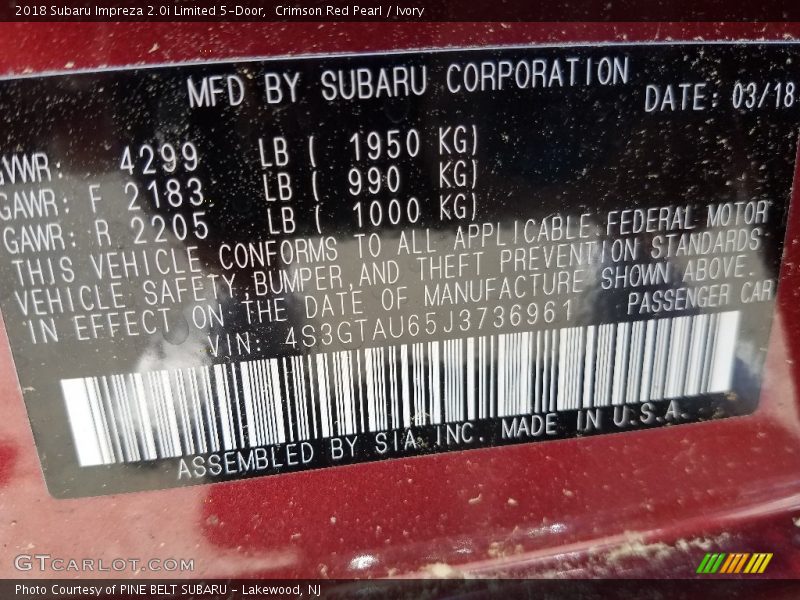 Crimson Red Pearl / Ivory 2018 Subaru Impreza 2.0i Limited 5-Door