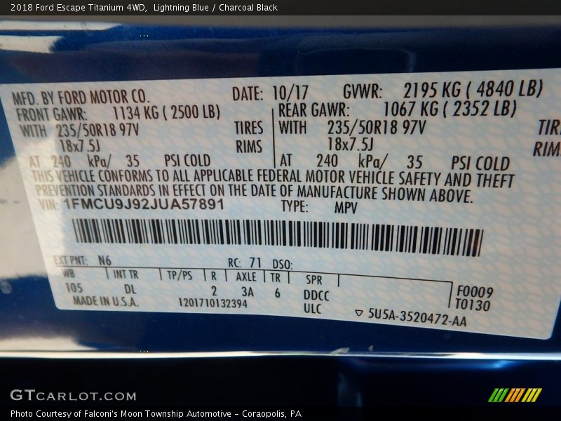 Lightning Blue / Charcoal Black 2018 Ford Escape Titanium 4WD