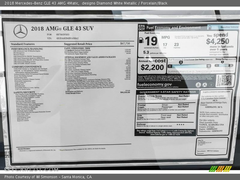  2018 GLE 43 AMG 4Matic Window Sticker