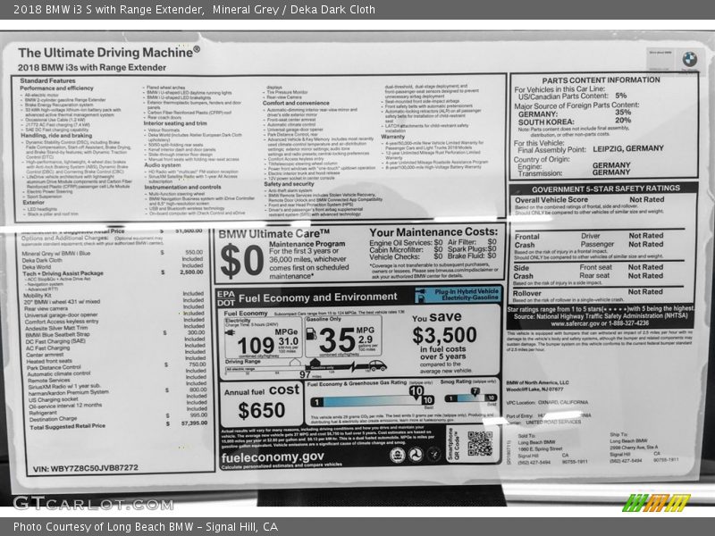 Mineral Grey / Deka Dark Cloth 2018 BMW i3 S with Range Extender