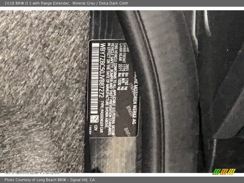 Mineral Grey / Deka Dark Cloth 2018 BMW i3 S with Range Extender