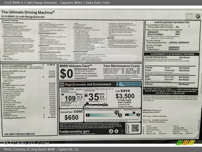 Capparis White / Deka Dark Cloth 2018 BMW i3 S with Range Extender