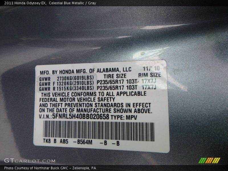 Celestial Blue Metallic / Gray 2011 Honda Odyssey EX