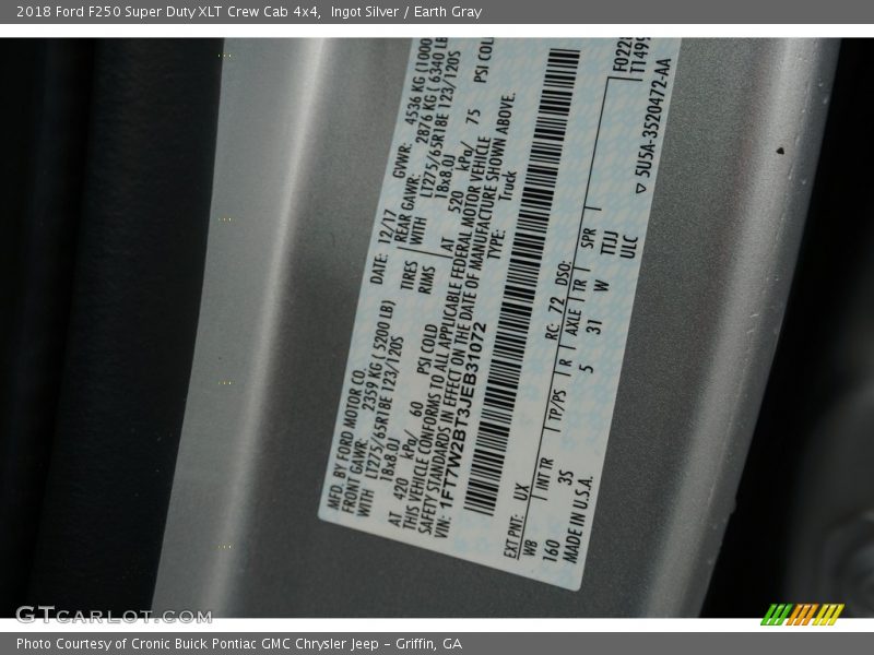 Ingot Silver / Earth Gray 2018 Ford F250 Super Duty XLT Crew Cab 4x4