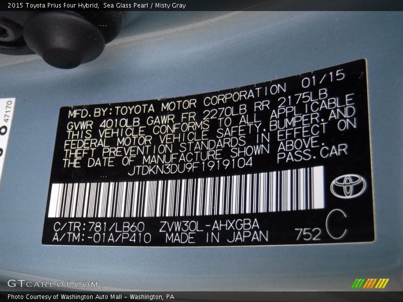 Sea Glass Pearl / Misty Gray 2015 Toyota Prius Four Hybrid