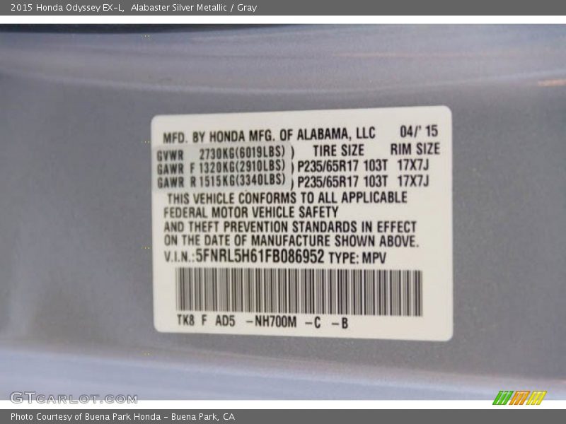 Alabaster Silver Metallic / Gray 2015 Honda Odyssey EX-L