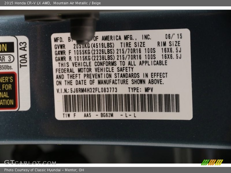 Mountain Air Metallic / Beige 2015 Honda CR-V LX AWD