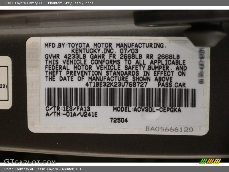Phantom Gray Pearl / Stone 2003 Toyota Camry XLE