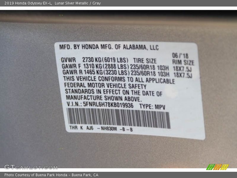 Lunar Silver Metallic / Gray 2019 Honda Odyssey EX-L