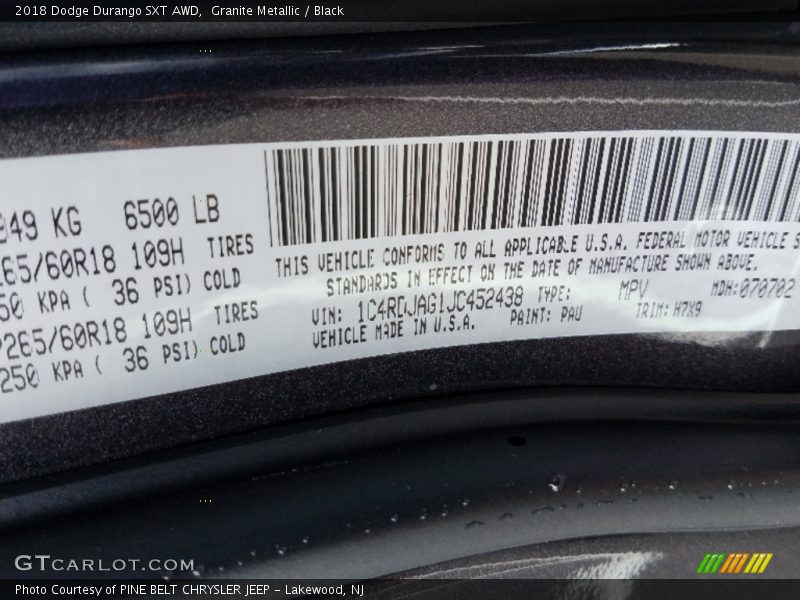 Granite Metallic / Black 2018 Dodge Durango SXT AWD