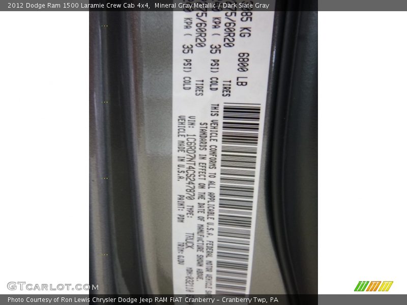 Mineral Gray Metallic / Dark Slate Gray 2012 Dodge Ram 1500 Laramie Crew Cab 4x4