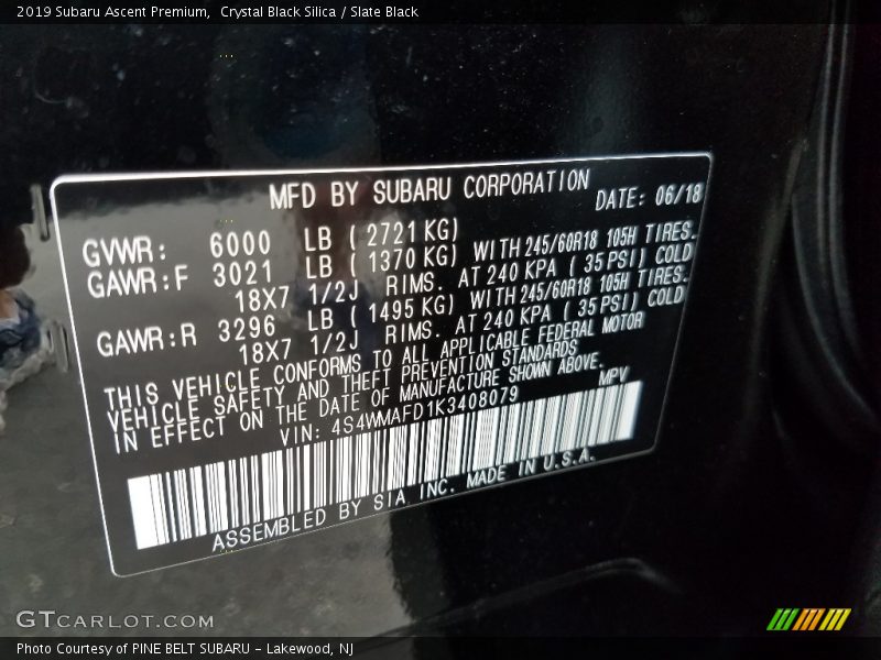 Crystal Black Silica / Slate Black 2019 Subaru Ascent Premium