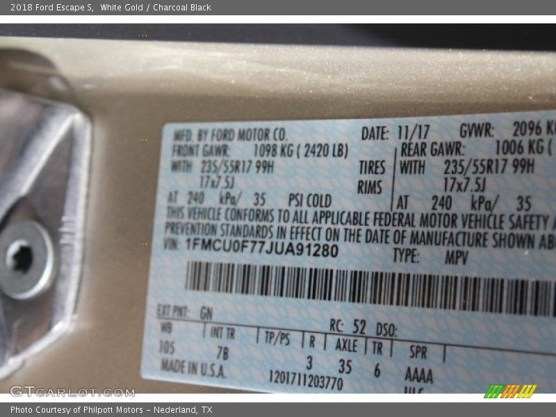 White Gold / Charcoal Black 2018 Ford Escape S