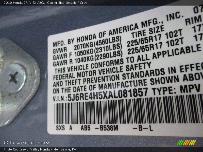 Glacier Blue Metallic / Gray 2010 Honda CR-V EX AWD