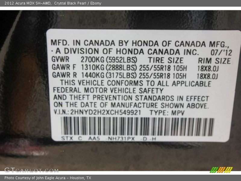 Crystal Black Pearl / Ebony 2012 Acura MDX SH-AWD